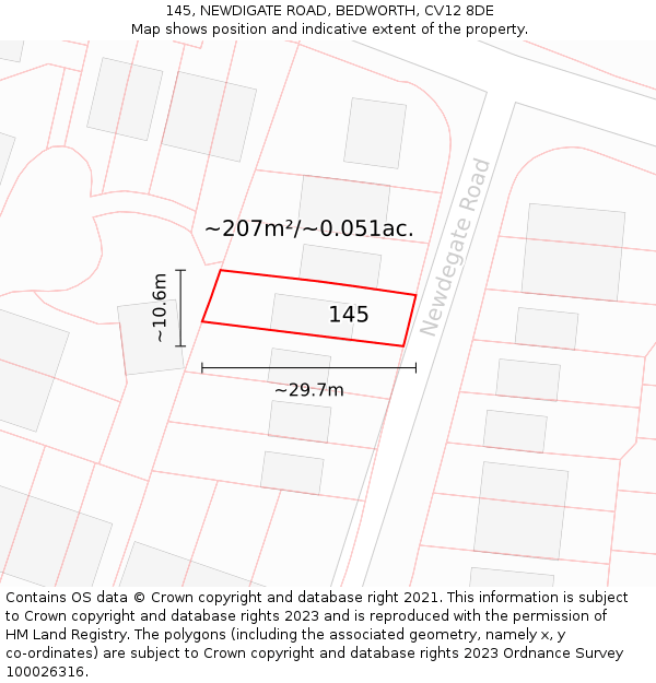 145, NEWDIGATE ROAD, BEDWORTH, CV12 8DE: Plot and title map