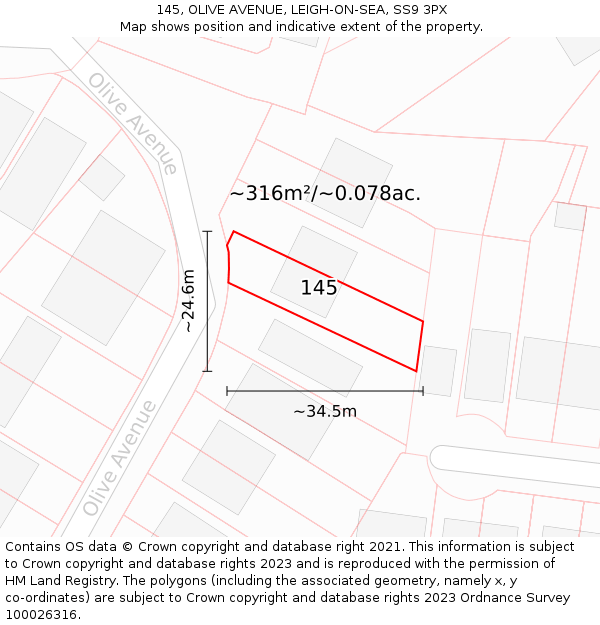145, OLIVE AVENUE, LEIGH-ON-SEA, SS9 3PX: Plot and title map