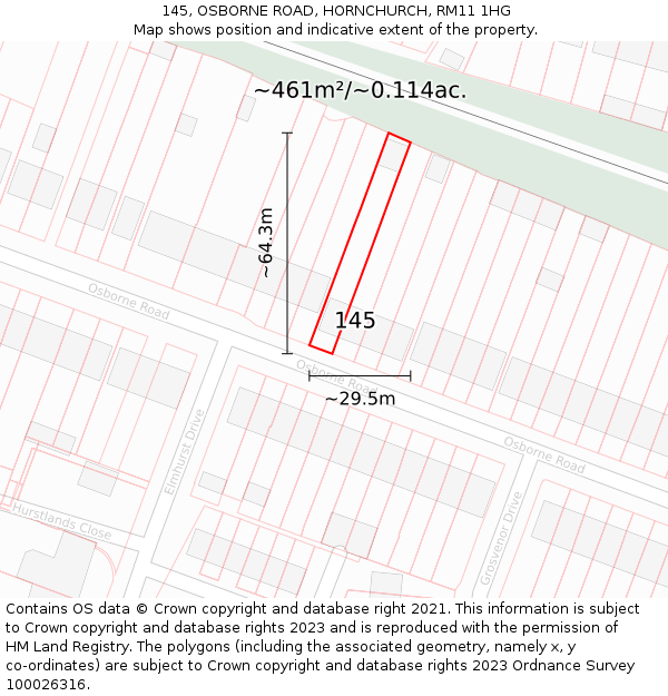 145, OSBORNE ROAD, HORNCHURCH, RM11 1HG: Plot and title map