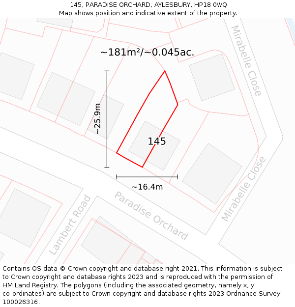145, PARADISE ORCHARD, AYLESBURY, HP18 0WQ: Plot and title map