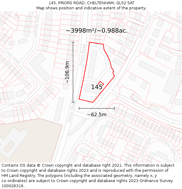 145, PRIORS ROAD, CHELTENHAM, GL52 5AT: Plot and title map