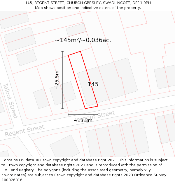 145, REGENT STREET, CHURCH GRESLEY, SWADLINCOTE, DE11 9PH: Plot and title map