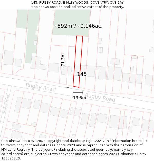 145, RUGBY ROAD, BINLEY WOODS, COVENTRY, CV3 2AY: Plot and title map