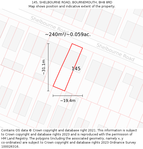 145, SHELBOURNE ROAD, BOURNEMOUTH, BH8 8RD: Plot and title map