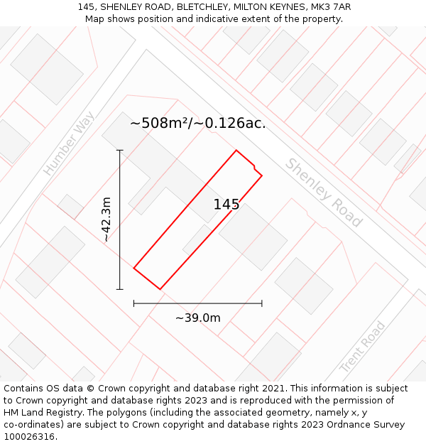 145, SHENLEY ROAD, BLETCHLEY, MILTON KEYNES, MK3 7AR: Plot and title map