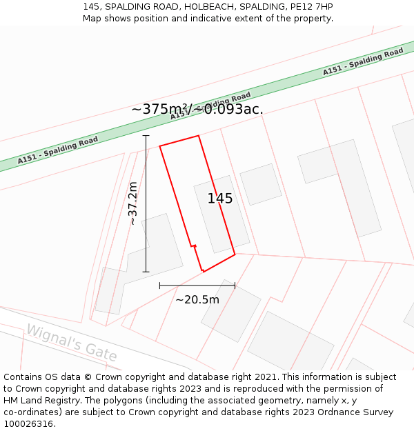 145, SPALDING ROAD, HOLBEACH, SPALDING, PE12 7HP: Plot and title map