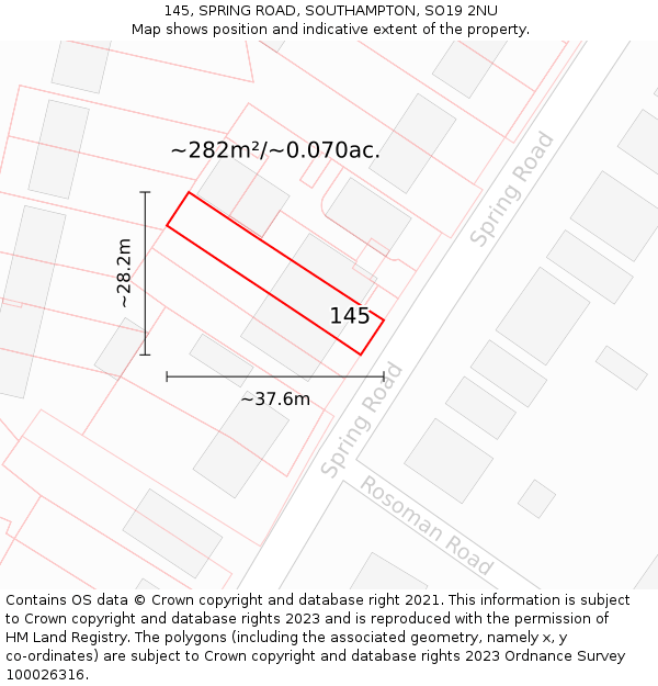 145, SPRING ROAD, SOUTHAMPTON, SO19 2NU: Plot and title map