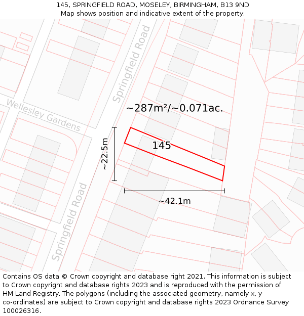 145, SPRINGFIELD ROAD, MOSELEY, BIRMINGHAM, B13 9ND: Plot and title map
