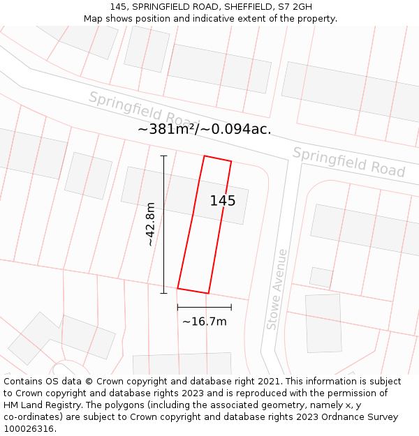 145, SPRINGFIELD ROAD, SHEFFIELD, S7 2GH: Plot and title map
