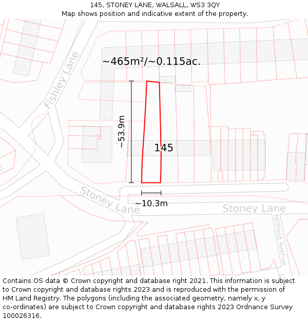 145, STONEY LANE, WALSALL, WS3 3QY: Plot and title map