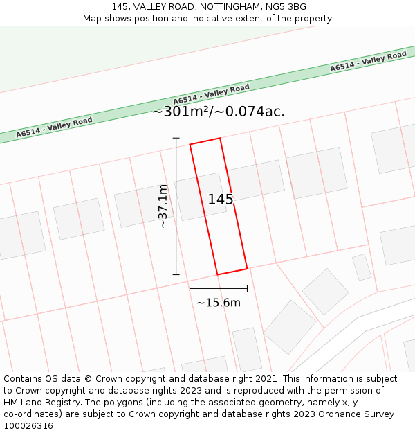 145, VALLEY ROAD, NOTTINGHAM, NG5 3BG: Plot and title map