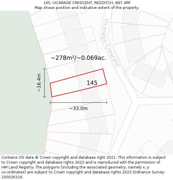 145, VICARAGE CRESCENT, REDDITCH, B97 4RP: Plot and title map