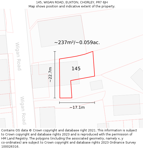 145, WIGAN ROAD, EUXTON, CHORLEY, PR7 6JH: Plot and title map