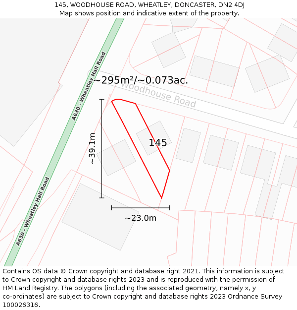 145, WOODHOUSE ROAD, WHEATLEY, DONCASTER, DN2 4DJ: Plot and title map