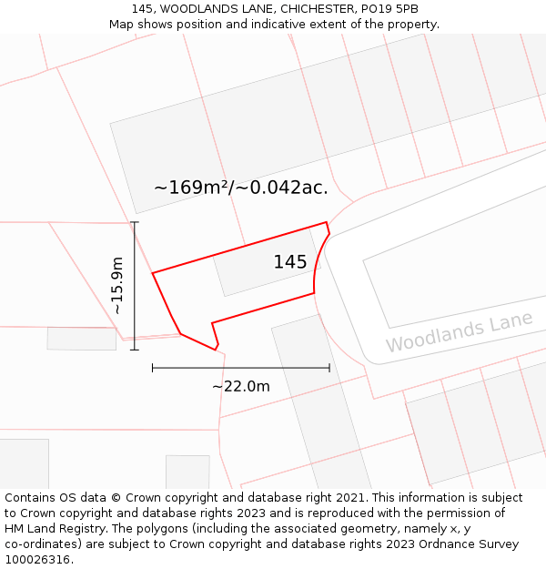 145, WOODLANDS LANE, CHICHESTER, PO19 5PB: Plot and title map