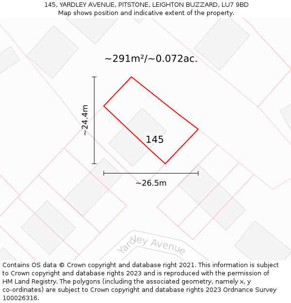 145, YARDLEY AVENUE, PITSTONE, LEIGHTON BUZZARD, LU7 9BD: Plot and title map
