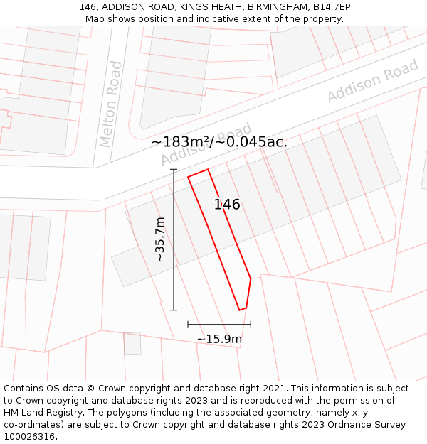 146, ADDISON ROAD, KINGS HEATH, BIRMINGHAM, B14 7EP: Plot and title map