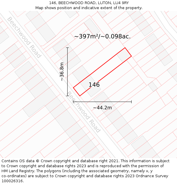 146, BEECHWOOD ROAD, LUTON, LU4 9RY: Plot and title map