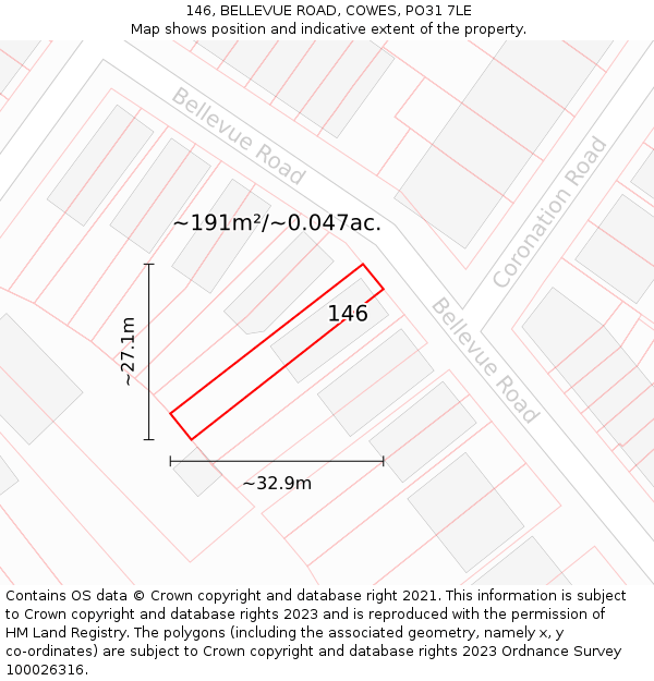 146, BELLEVUE ROAD, COWES, PO31 7LE: Plot and title map