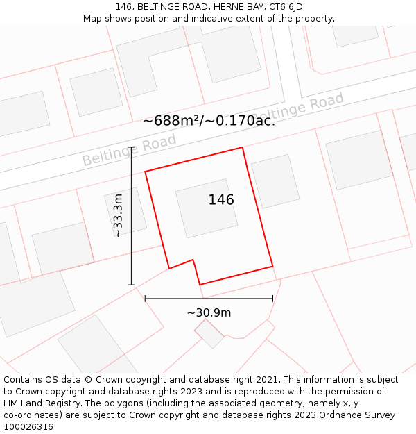 146, BELTINGE ROAD, HERNE BAY, CT6 6JD: Plot and title map