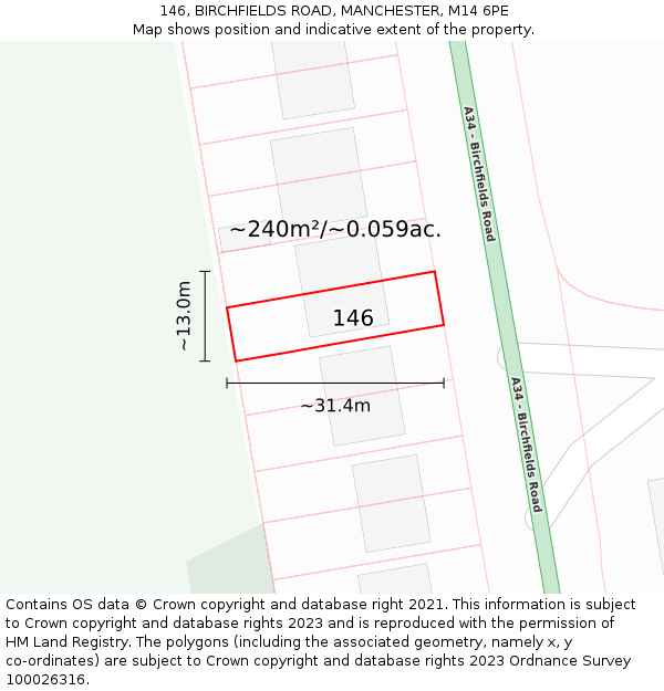 146, BIRCHFIELDS ROAD, MANCHESTER, M14 6PE: Plot and title map