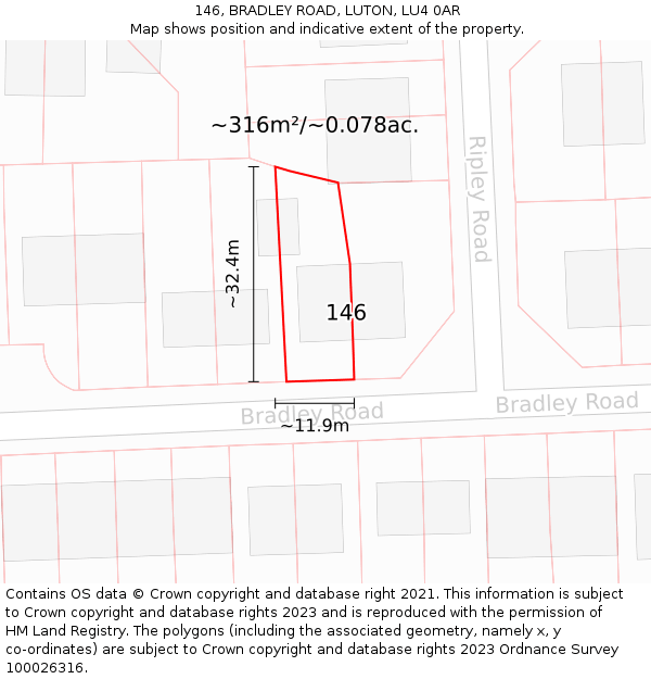 146, BRADLEY ROAD, LUTON, LU4 0AR: Plot and title map