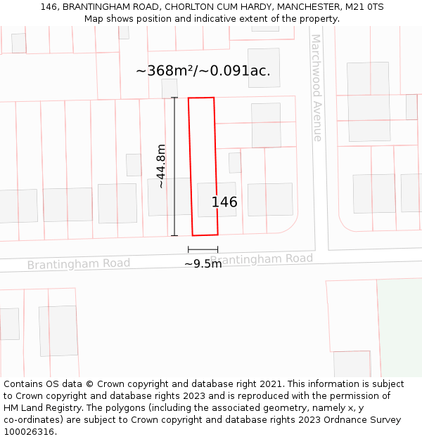146, BRANTINGHAM ROAD, CHORLTON CUM HARDY, MANCHESTER, M21 0TS: Plot and title map