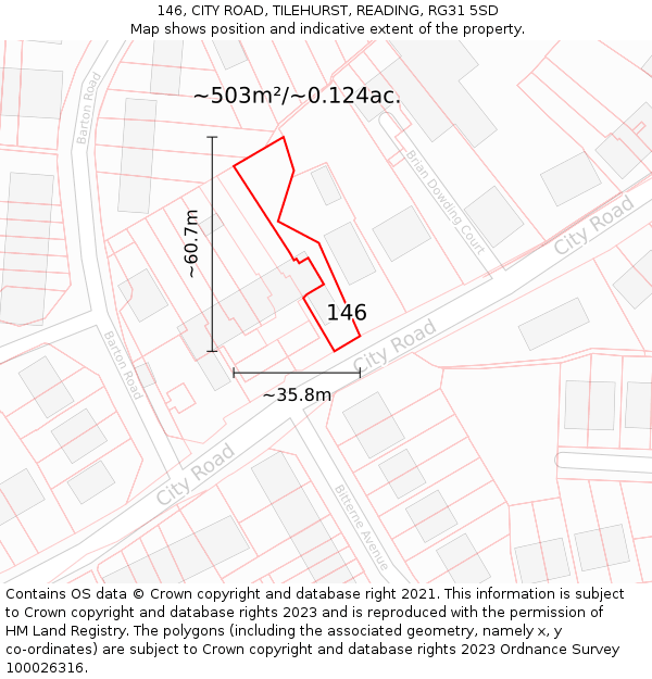 146, CITY ROAD, TILEHURST, READING, RG31 5SD: Plot and title map