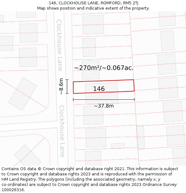 146, CLOCKHOUSE LANE, ROMFORD, RM5 2TJ: Plot and title map