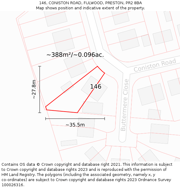 146, CONISTON ROAD, FULWOOD, PRESTON, PR2 8BA: Plot and title map