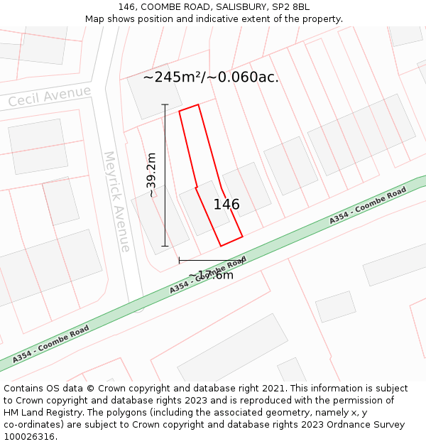 146, COOMBE ROAD, SALISBURY, SP2 8BL: Plot and title map