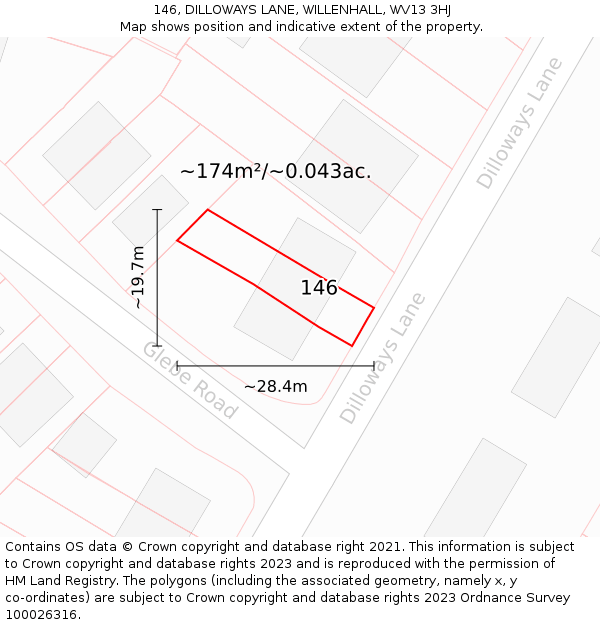 146, DILLOWAYS LANE, WILLENHALL, WV13 3HJ: Plot and title map