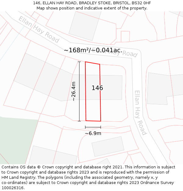 146, ELLAN HAY ROAD, BRADLEY STOKE, BRISTOL, BS32 0HF: Plot and title map
