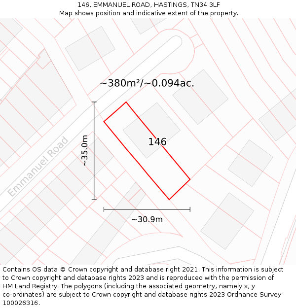 146, EMMANUEL ROAD, HASTINGS, TN34 3LF: Plot and title map