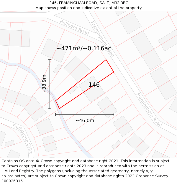 146, FRAMINGHAM ROAD, SALE, M33 3RG: Plot and title map
