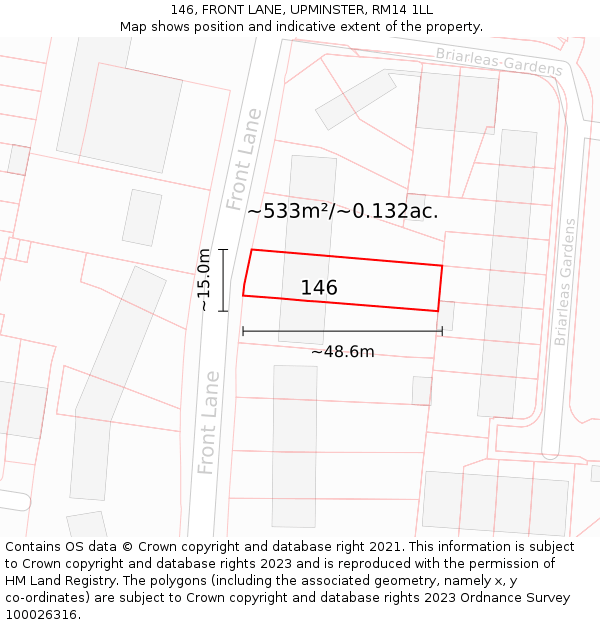 146, FRONT LANE, UPMINSTER, RM14 1LL: Plot and title map