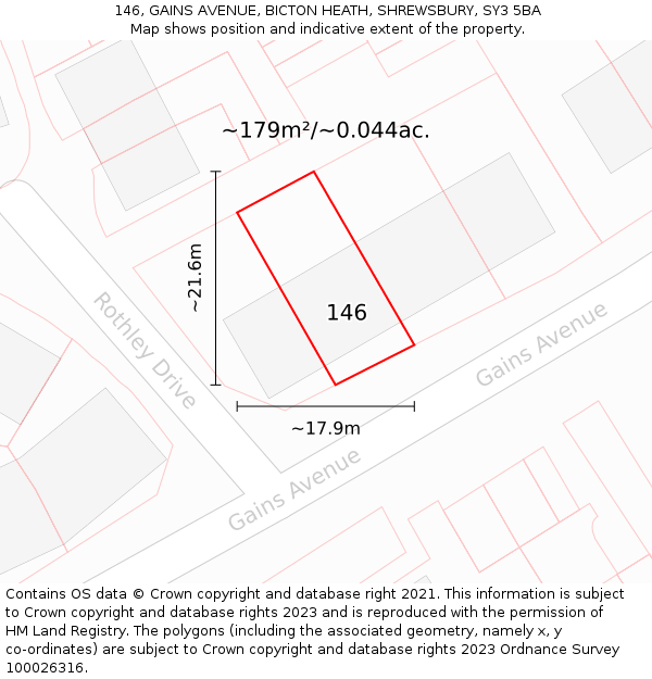 146, GAINS AVENUE, BICTON HEATH, SHREWSBURY, SY3 5BA: Plot and title map
