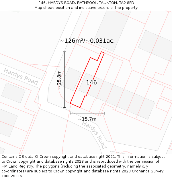 146, HARDYS ROAD, BATHPOOL, TAUNTON, TA2 8FD: Plot and title map