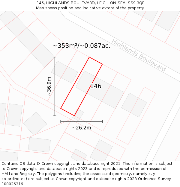 146, HIGHLANDS BOULEVARD, LEIGH-ON-SEA, SS9 3QP: Plot and title map