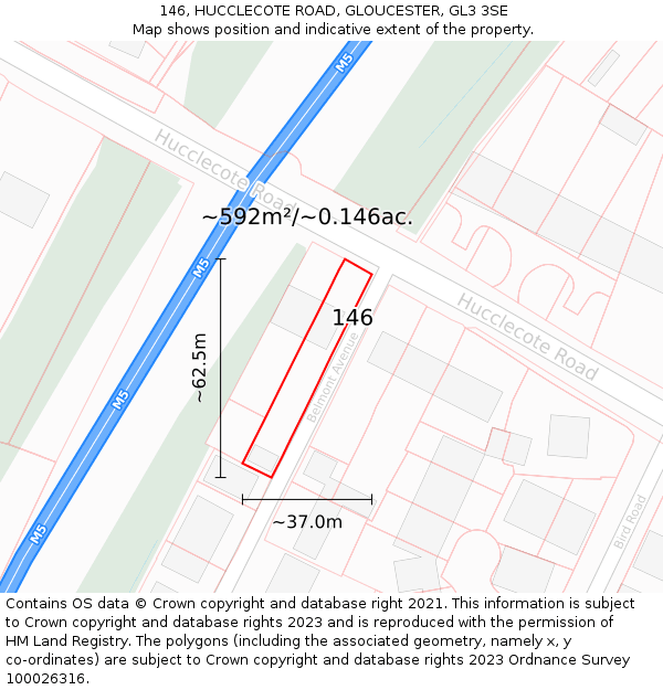 146, HUCCLECOTE ROAD, GLOUCESTER, GL3 3SE: Plot and title map