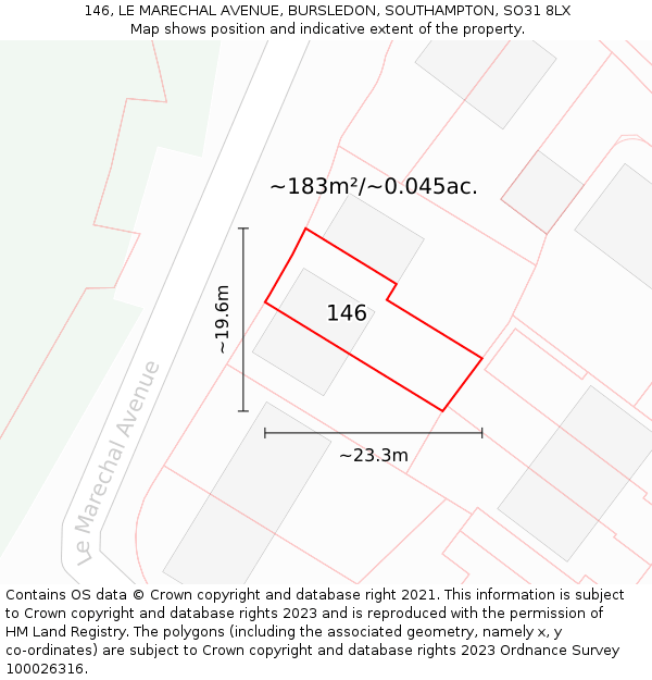 146, LE MARECHAL AVENUE, BURSLEDON, SOUTHAMPTON, SO31 8LX: Plot and title map