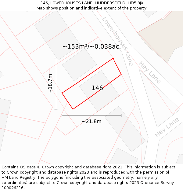 146, LOWERHOUSES LANE, HUDDERSFIELD, HD5 8JX: Plot and title map