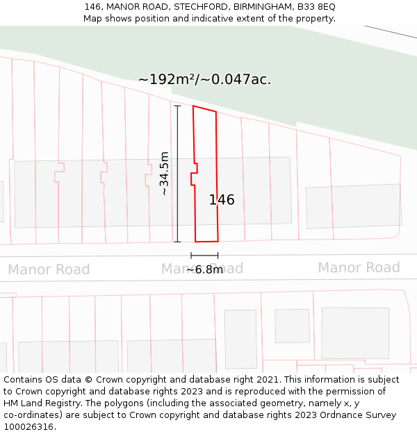 146, MANOR ROAD, STECHFORD, BIRMINGHAM, B33 8EQ: Plot and title map