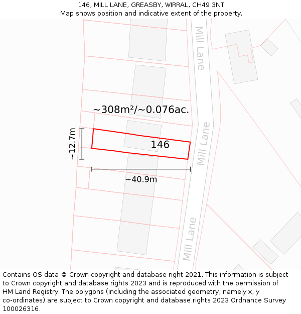 146, MILL LANE, GREASBY, WIRRAL, CH49 3NT: Plot and title map