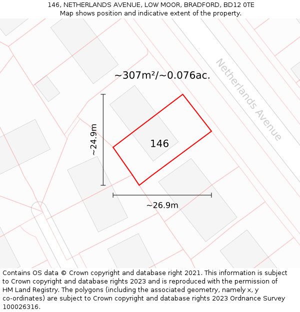 146, NETHERLANDS AVENUE, LOW MOOR, BRADFORD, BD12 0TE: Plot and title map