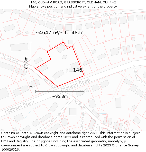 146, OLDHAM ROAD, GRASSCROFT, OLDHAM, OL4 4HZ: Plot and title map