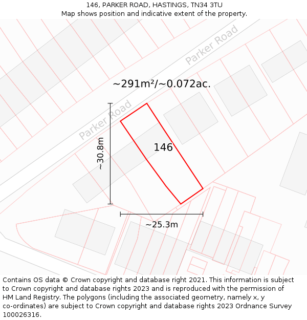 146, PARKER ROAD, HASTINGS, TN34 3TU: Plot and title map