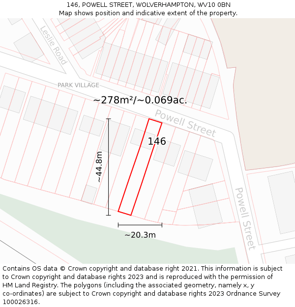 146, POWELL STREET, WOLVERHAMPTON, WV10 0BN: Plot and title map