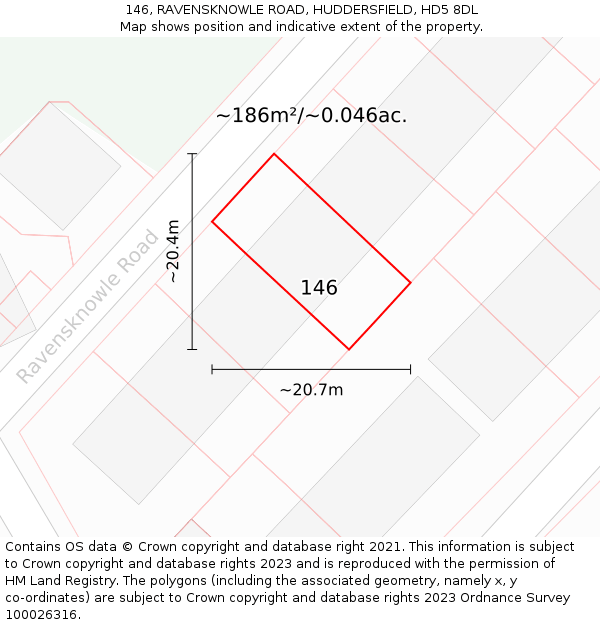 146, RAVENSKNOWLE ROAD, HUDDERSFIELD, HD5 8DL: Plot and title map