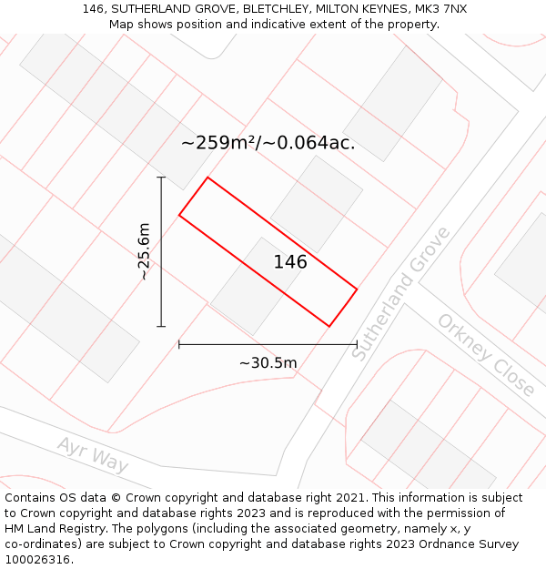 146, SUTHERLAND GROVE, BLETCHLEY, MILTON KEYNES, MK3 7NX: Plot and title map